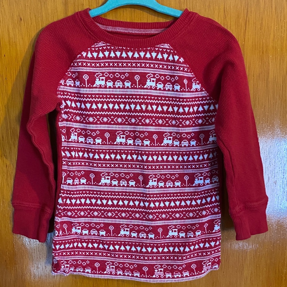 Jumping Beans Red & White Trains & Trees Patterned Shirt - Size: 3T